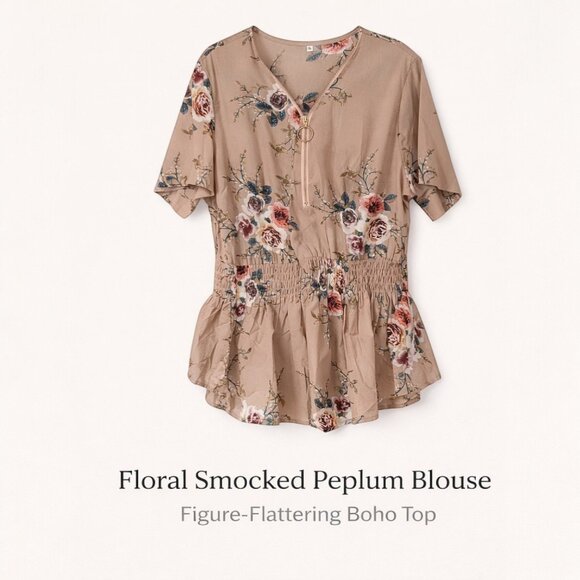 Tops - Floral Smocked Peplum Blouse Beige Boho Top Plus Size 2XL New